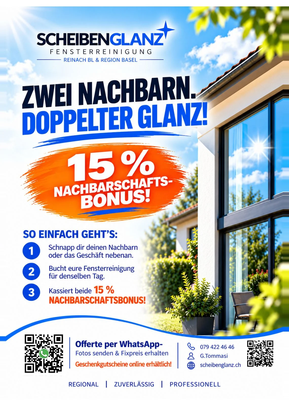 Kampagnenposter zum 15% Nachbarschaftsbonus: Zwei Nachbarn buchen die Fensterreinigung am selben Tag und erhalten beide 15% Rabatt.